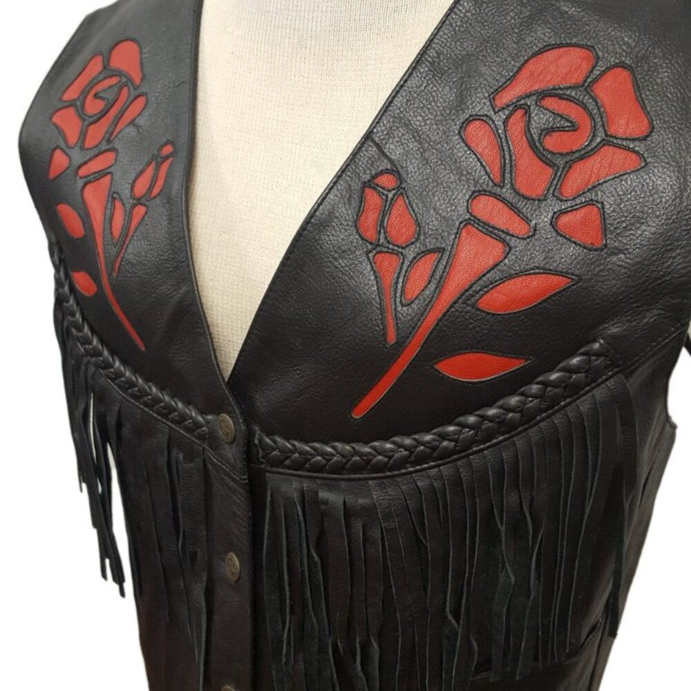 Women’s Rodeo Motorcycle Cowhide Leather Vest with Roses and Fringes - Picture 2 of 3